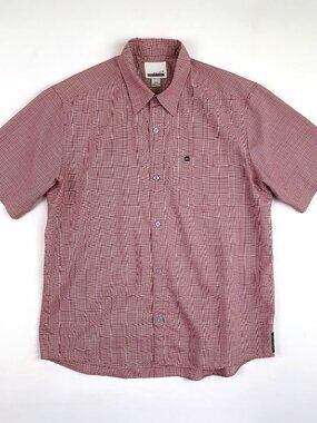 Vintage Y2K Quiksilver Mens Red and White Baggy Fit Button-Down Skater Shirt